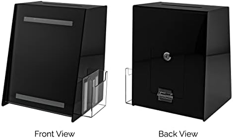 Marketing Holders Acrylic Charity Donation Bin Locking Ballot Box Black Acrylic 8.75” x 8.5" x 11.5" with 8.5" x 11" Slide in Header Sign Holder and Pocket on the Side Countertop - Image 5