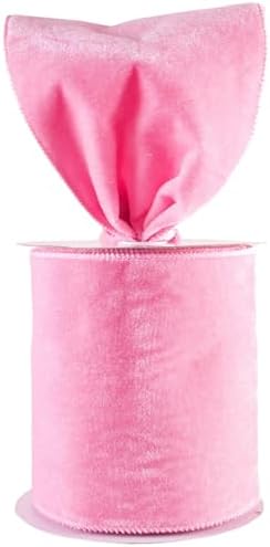 Meseey 4 Inch Wide Pink Velvet Wired Ribbon, 10 Yards Velvet Ribbon with Wire Edge for Christmas Tree, Wreaths, Gift Wrapping, Bows, Crafts, Wedding and Holiday Decorations by MeseeyRibbonBow