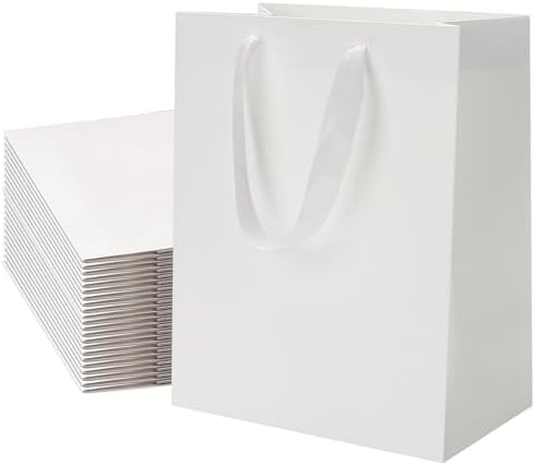 FISHLONO White Gift Bags With Handles, 8x5x10 Inches Medium Gift Bags Bulk, White Kraft Paper Bags for Wedding Shopping Party Birthday Business Baby Shower (30) by Unknown