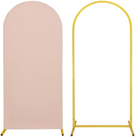 Metal Arch Stand and Cover Set,1 Nude Spandex Fitted Backdrop with 1 Gold Wedding Arched Stand Frame for Parties Birthday Baby Shower Bridal Banquet Decoration (6FT) by HAISIWLKJ