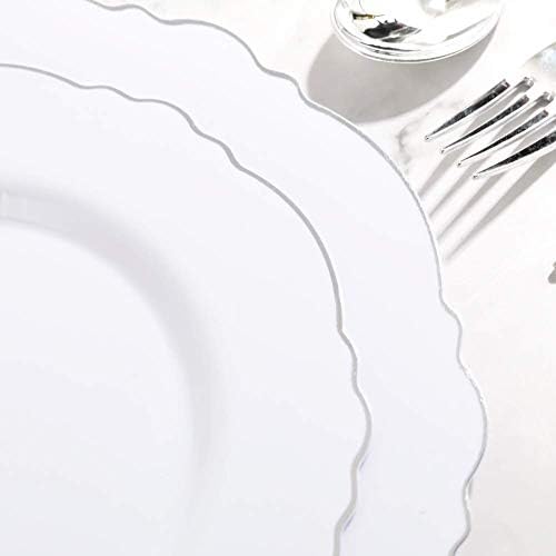 WDF 60pcs Silver Plastic Plates-Baroque White &Silver Plates for Upscale Parties &Wedding-including 30Plastic Dinner Plate 10.25inch, 30 Salad Plate 7.5inch for Baby/Shower/Wedding/Independence Day - Image 4