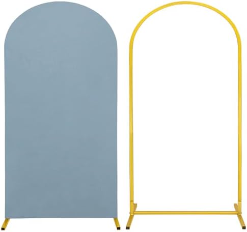 Metal Arch Stand and Cover Set,1 Dusty Blue Spandex Fitted Backdrop with 1 Gold Wedding Arched Stand Frame for Parties Birthday Baby Shower Bridal Banquet Decoration (6.6FT) by HAISIWLKJ