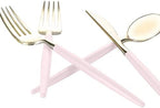 Luxe Party 128 Pieces Two Tone Plastic Disposable Cutlery | Forks-Spoons-Knives | Full Size | Chic Round | Blush and Gold - Image 4