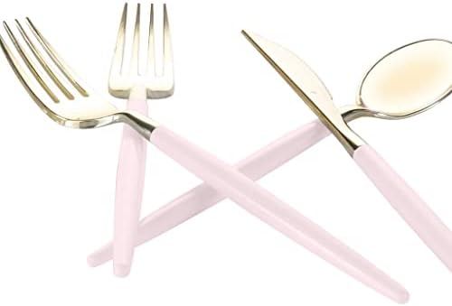 Luxe Party 128 Pieces Two Tone Plastic Disposable Cutlery | Forks-Spoons-Knives | Full Size | Chic Round | Blush and Gold - Image 4