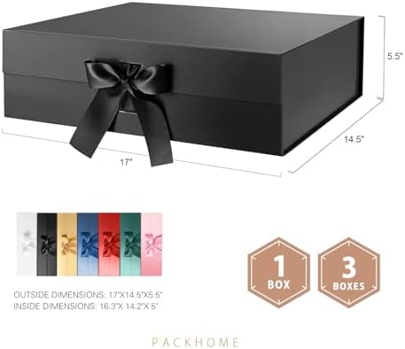 PACKHOME 3 Extra Large Black Gift Boxes Ribbon Magnetic Lids 17x14.5x5.5in - Image 2