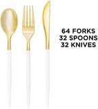 Luxe Party 128 Pieces Two Tone Plastic Disposable Cutlery | Forks-Spoons-Knives | Full Size | Chic Round | White and Gold - Image 3