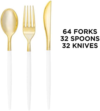 Luxe Party 128 Pieces Two Tone Plastic Disposable Cutlery | Forks-Spoons-Knives | Full Size | Chic Round | White and Gold - Image 3
