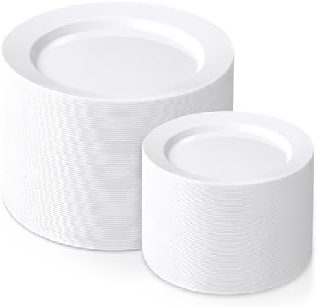 FLOWERCAT 200PCS White Plastic Plates Disposable Plates for Party - White Bulk Plastic Plates - 100 10" Dinner Plates and 100 7" Salad Plates for Wedding & Summer Parties and Events by FLOWERCAT