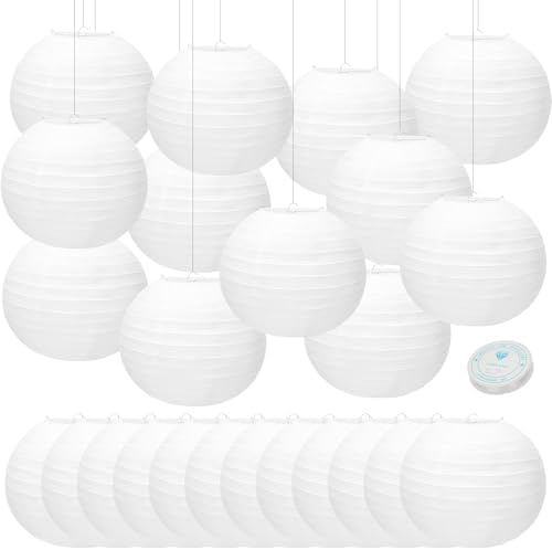 24 Packs White Paper Lanterns 10 Inch Chinese Japanese Hanging Paper Lanterns Lamp Round with Clear Fishing Line DIY Table Centerpiece Decoration for Wedding Birthday Party Baby Shower Indoor Outdoor by MOTOTO