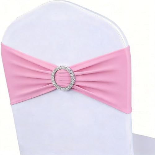 50 Pack Pink Chair Sashes, Light Pink Spandex Chair Bands for Wedding Gender Reveal Party Decor, Baby Pink Bows for Folding Chairs by MAGTOWNE