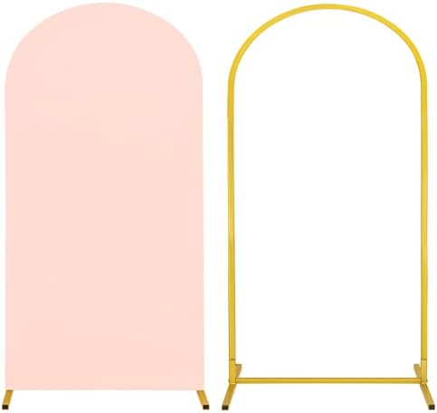 Metal Arch Stand and Cover Set,1 Light Pink Spandex Fitted Backdrop with 1 Gold Wedding Arched Stand Frame for Parties Birthday Baby Shower Bridal Banquet Decoration (6.6FT) by HAISIWLKJ