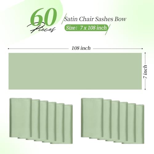 YMHPRIDE 60 PCS Sage Green Satin Chair Sashes, 7x108 Inch Ties Chair Bows - Image 2