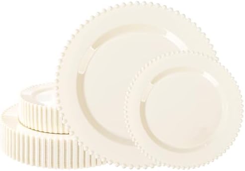 U-QE 60PCS Ivory Plastic Plates - Beaded Ivory Disposable Heavy Duty by U-QE