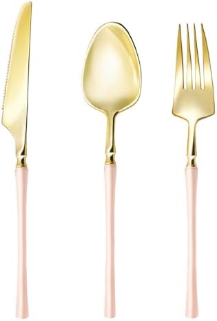 Lullaby 90pcs High End Gold Plastic Silverware with Pink Handle with 60PCS Pink Scalloped Plastic Plates with Gold Rim - Image 2