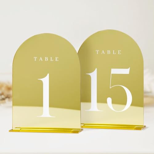 Gold Wedding Table Numbers 1-15 with Stands,15 Pack 5x7" Gold Mirror Acrylic Arch Sign with Stand Acrylic Arch Table Numbers for Wedding Reception by JINMURY
