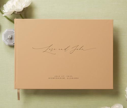 MUUJEE Personalized Guestbook in Tan - Premium Tan Leatherette Custom Modern Guest Book for Wedding Reception, Birthday Party or Events w/Bookmark Blank Pages for Signing, Large 11.5 x 8.5 inches - Image 2