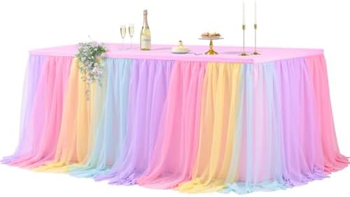Wish Care Rainbow Tulle Tablecloth for 6 Foot Rectangle Tables Double Layer Tulle Tutu Desk Skirt Unicorn Ruffle Pastel Table Cloth Stretch Fitted Table Covers for Girls Birthday Baby Shower Party by WishCare