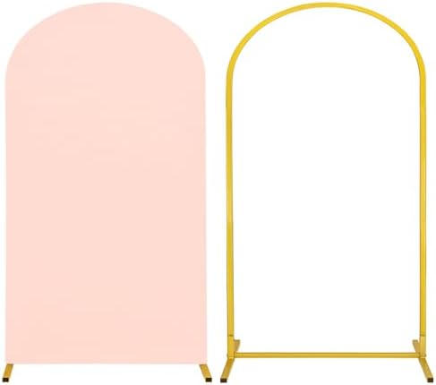 Metal Arch Stand and Cover Set,1 Light Pink Spandex Fitted Backdrop with 1 Gold Wedding Arched Stand Frame for Parties Birthday Baby Shower Bridal Banquet Decoration (7.2FT) by HAISIWLKJ