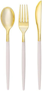 Luxe Party 128 Pieces Two Tone Plastic Disposable Cutlery | Forks-Spoons-Knives | Full Size | Chic Round | Linen and Gold by LuxeParty