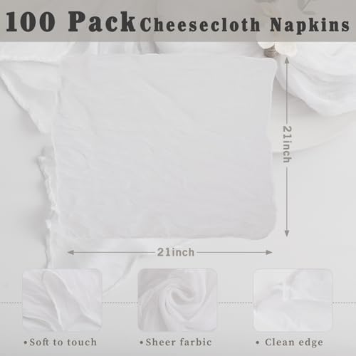 100 Pack White Cheesecloth Napkins Washable 21x21 Inches White Cloth Napkins Set of 100 Dinner Table Napkins for Wedding Cotton Gauze Bridal Baby Shower Rustic Boho Summer Party Table Decor - Image 3