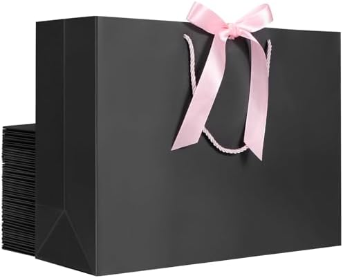 EUSOAR Large Gift Bags, 25pcs 16"x6"x12" Black With Handles for Shopping, Wedding, Baby Shower, Birthday Party - Paper Treat Bags Bulk With Ribbon by EUSOAR
