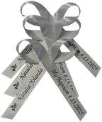 25 Personalized Ribbons Assesmbled Bows Custom Bridal Shower Favor Party Favors Wedding Bridesmaid Memorial Ribbons Funeral Baby Invitations Mis XV años Quinceanera (Silver/Gray Ribbon) by AmysBubbling