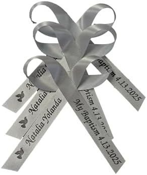 25 Personalized Ribbons Assesmbled Bows Custom Bridal Shower Favor Party Favors Wedding Bridesmaid Memorial Ribbons Funeral Baby Invitations Mis XV años Quinceanera (Silver/Gray Ribbon) by AmysBubbling