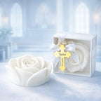 Personalized Rose Shaped Soy Candle Favors with Gold Acrylic Cross Label – Baptism & Christening Keepsake, Religious Wedding or Shower Gift Set (10–200 PCS) - Image 5