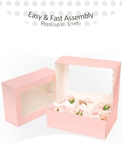 qiqee Pink Auto-pop up 6 Cupcake Boxes with Window 30 Packs Cupcake Box 9.4"x6.1"x3.3" Bakery Boxes For Cupcakes Carrier, Cupcake Containers - Image 4