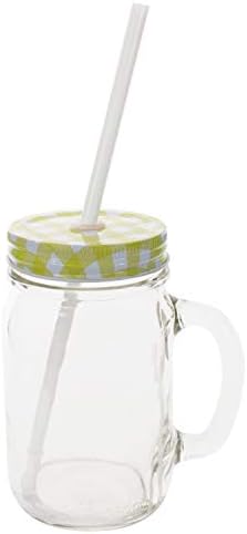 Sunshine Mason Co. Glass Mason Jar Drinking Mug set with handle, Yellow Gingham lids and White Straws, Set of 6 - Image 2