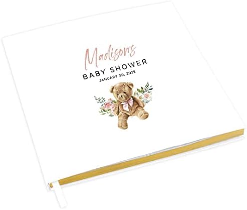 Andaz Press Personalized Baby Shower Guestbook with Gold Accents, Teddy Bear with Pink Florals Custom, White Guest Sign in Registry 120 Pages 8.5 X 8.5 Memories Book for DIY, Scrapbook, Photo Album by AndazPress