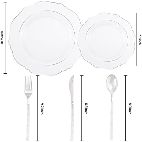 Liacere 150PCS Clear Silver Plastic Plates & Disposable Silver Plastic Silverware with Glitter Bamboo Handle Cutlery-Baroque Clear Disposable Plates for Wedding & Party & Summer - Image 7