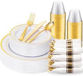 WDF Partyware 175PCS White and Gold Plastic Plates - Gold Plates with Rolled Napkins for Party - 25Guest Disposable Dinnerware Sets for Wedding/Baby Shower/Birthday by WDF