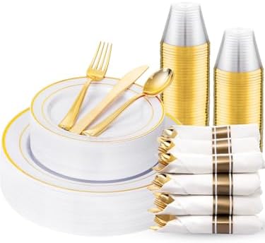 WDF Partyware 175PCS White and Gold Plastic Plates - Gold Plates with Rolled Napkins for Party - 25Guest Disposable Dinnerware Sets for Wedding/Baby Shower/Birthday by WDF