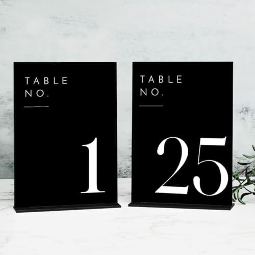 Black Wedding Table Numbers 1-25 with Stands, 5"x7" Black Acrylic Table Numbers with White Font, Perfect for Wedding Party Reception(1-25, 5"x7") by JINMURY