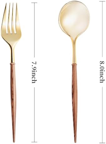 Lullaby 200PCS High End Gold Plastic Forks & Spoons with Wood Grain Handle - Image 2
