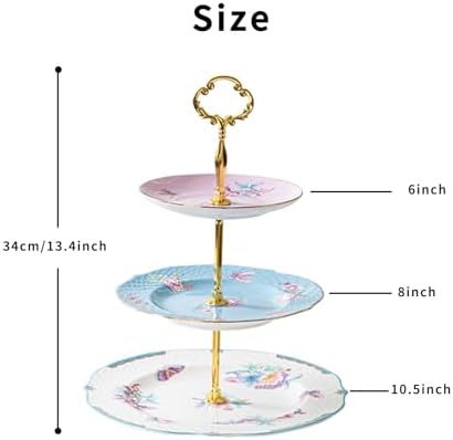 3 Tier Cupcake Stand, Bone China Tiered Tray Stand, Floral Dessert Cake Stand, 3 Tier Serving Tray with Gold Rod and Gold Trim, Porcelain Cupcake Tower Stand for Tea Party Birthday Party - Image 2