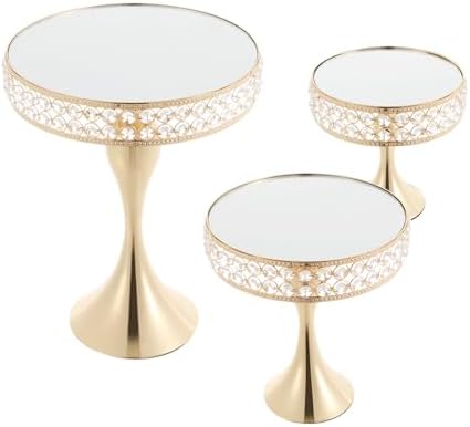 3pcs Round Mirror Cake Stands, Metal Cupcake Display Stand with Crystals, Dessert Pedestal Cupcakes Dessert Cheese Display Plates for Wedding Birthday Party for Baby Shower Home Decor - 15/11/8 Inch Tall (Gold) by ChooseFelievySmartChoice