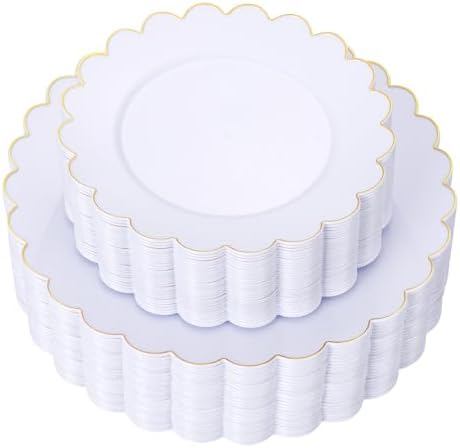 LIYH 60 Pcs White Plastic Plates with Gold Rim, Scalloped Disposable Combo Heavy-Duty Patriotic Plates Includes 30 Dessert Platos & 30 Dinner Platos for Birthday Wedding Party by LIYHLoveinyourheart