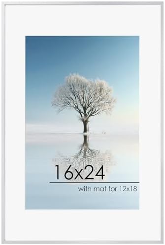 FLYJOE 16x24 Frame | 16x24 Poster Frame With Mat For 12x18 | Metal Aluminum Picture Frame With Tempered Glass | Minimalist Modern Poster Frame | Hanging Hardware Included | Silver by FLYJOE