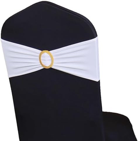 Pack of 50 White Chair Sashes with Gold Buckles Spandex Chair Bands Bows by WENSINL