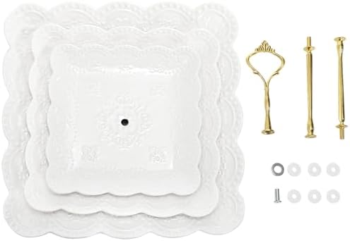 Tebery 2 Pack 3-Tier White Ceramic Embossed Dessert Cake Tower Stand with Gold Carry Handle, Cupcake Stand Serving Trays, Porcelain Party Food Server Display Holder - Image 5