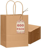 qiqee 600-Packs Brown Paper Gift Bags with Handles Bulk 8.3"x6"x3.15" Small Size Paper Bags Multiple Uses by Qiqee
