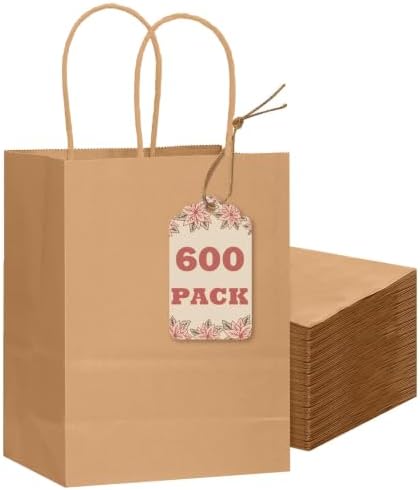 qiqee 600-Packs Brown Paper Gift Bags with Handles Bulk 8.3"x6"x3.15" Small Size Paper Bags Multiple Uses by Qiqee
