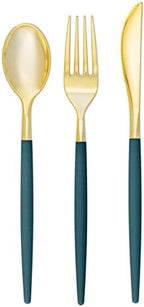 Luxe Party 128 Pieces Two Tone Plastic Disposable Cutlery | Forks-Spoons-Knives | Full Size | Chic Round | Teal and Gold by LuxeParty