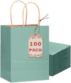 qiqee 100PCS Gift Bag with Handles Bulk Kraft Light Blue Paper Bags Multiple Uses (8.3"x3"x6"inch Small Size) by Qiqee