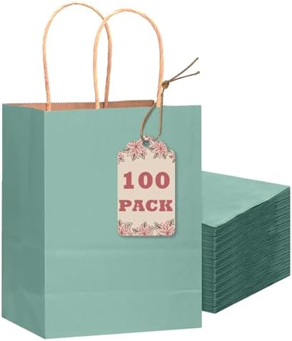 qiqee 100PCS Gift Bag with Handles Bulk Kraft Light Blue Paper Bags Multiple Uses (8.3"x3"x6"inch Small Size) by Qiqee