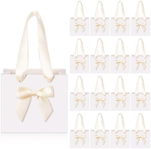 Kolldenn 50 Pcs Mini White Gift Bags Bulk with Beige Bow Ribbon Handles by Unknown