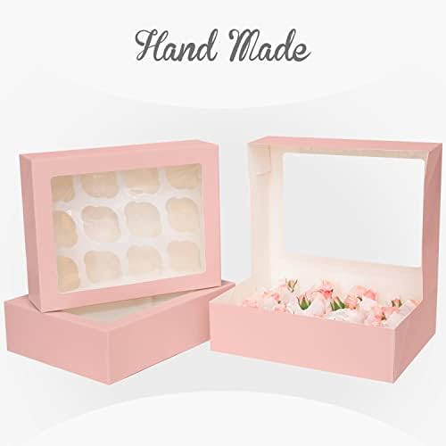 qiqee Auto-pop Up Cupcake Boxes with Window Pink 40PCS 12 Count Cupcake Box 13"x10"x3.5" Cupcakes Carrier, 12 Cupcake Containers with 2 rolls of pink ribbons - Image 4