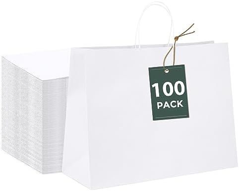 GSSUSA White Paper Bags with Handles, Large Gift Bags 16x6x12, 100 Pack by GSSUSA